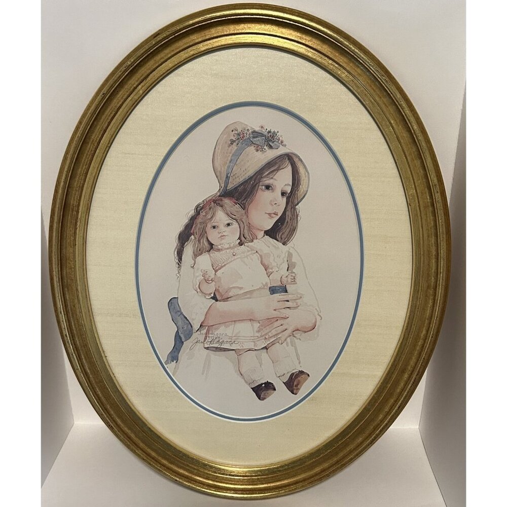 Jan Hagara Oval Frame Matted Art Girl & Doll Romantic Victoriana ‘77 Cottagecore